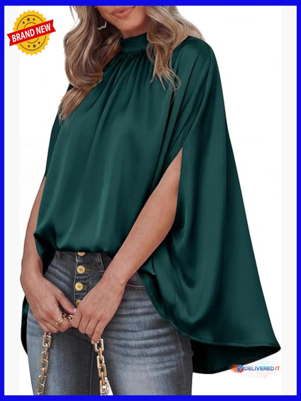 Mock Neck Batwing Sleeve Silk Satin Blouse Flowy Oversized Dressy Casual Top